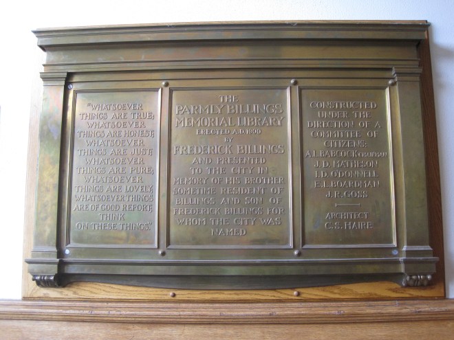 Dedication plaque at Parmly Billings Library (now Western Heritage Center), Billings